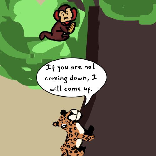 a leopard climbing a tree where a monkey is eating a corn