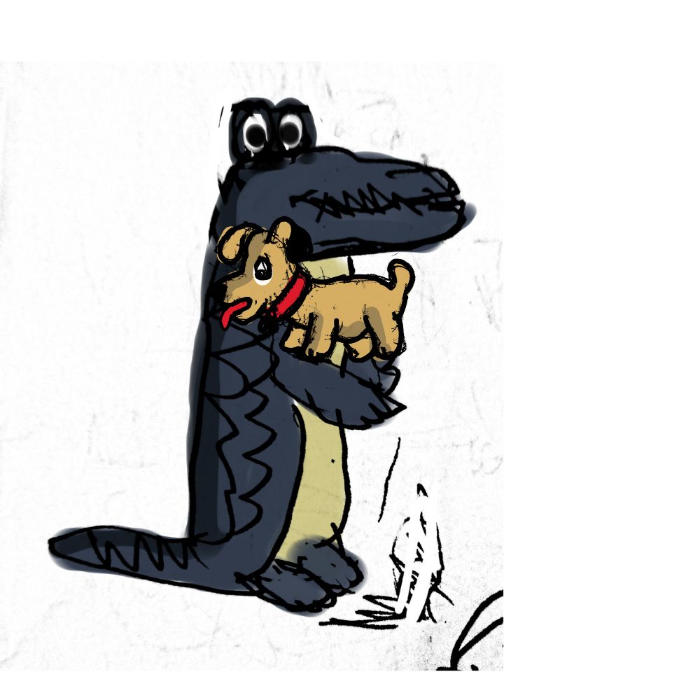 Crocodile taking a puppy in its hand