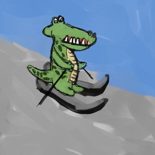 Funny illustration of a crocodile skiing