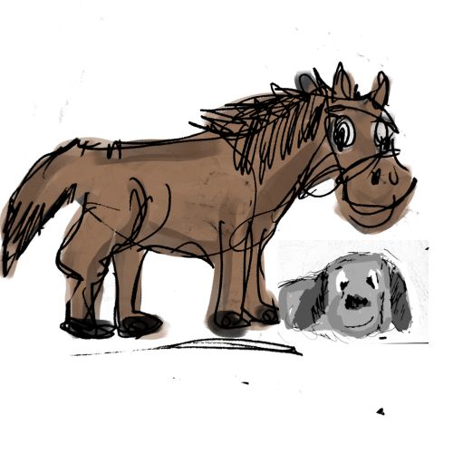 Cheerful horse and the sad puppy