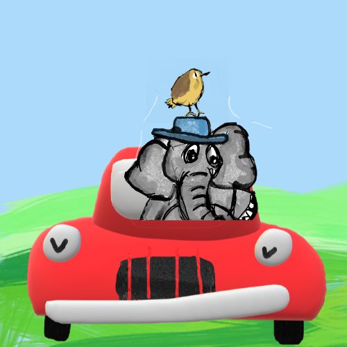 Elephant in a red car illustration