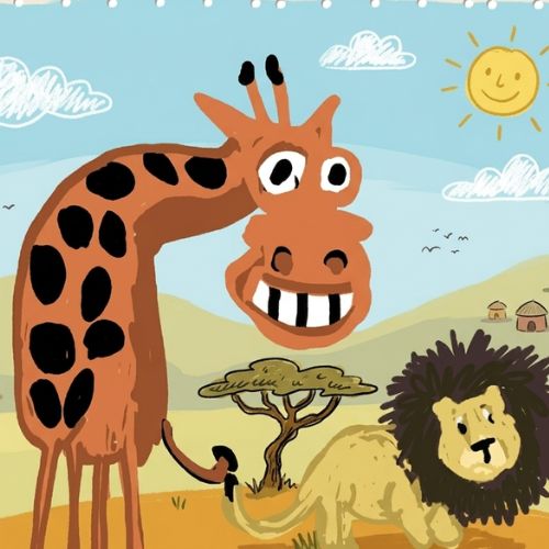 Giraffe and the lion doing a tail hifive