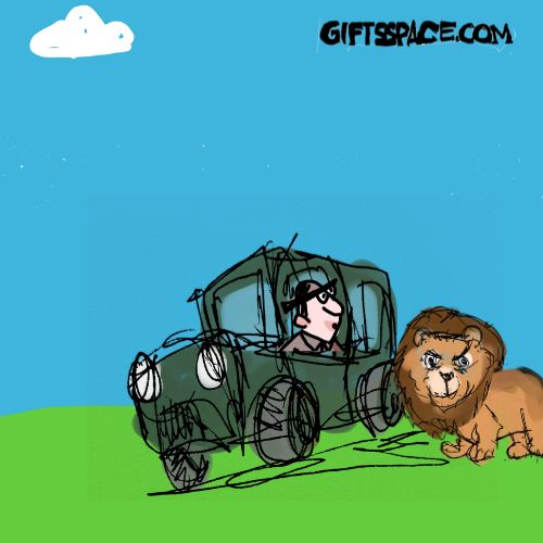A lion standing near a safari jeep illustration