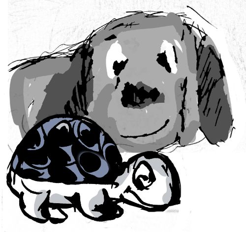 A curious dog is staring at a turtle happily walking illustration for children