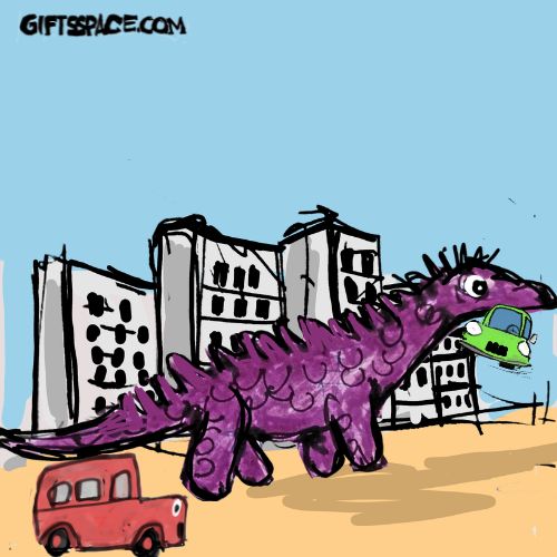 A pink dinosaur parading the city