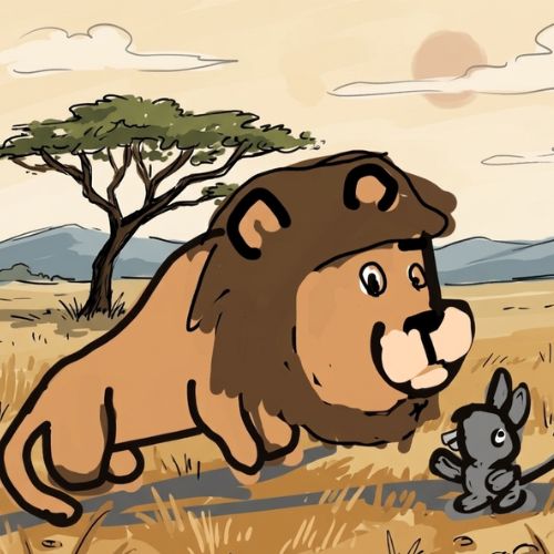 illustration of a lion talking to a rat.