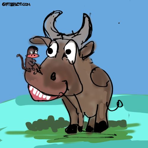 Pip the monkey perched on the nose of Mama Moo the cow after a heroic river rescue in the green valley.