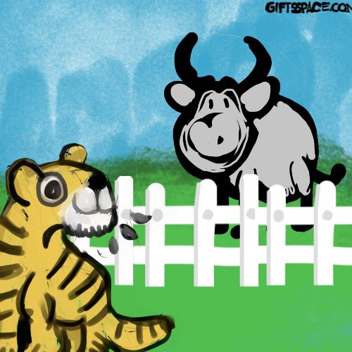 a tiger sitting outside the fense and a cow is looking at him