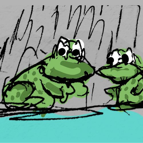 Handdrawn Illustration of two Frogs crying in the rain