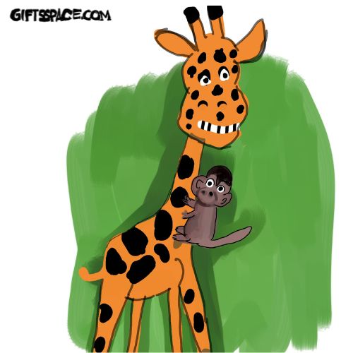 Monkey climbing a giraffe