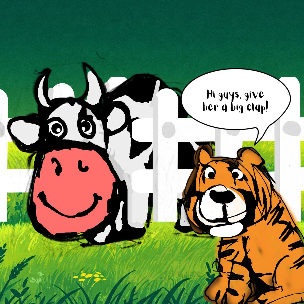 a cow crossing the fence. A tiger is waiting for her outside fence