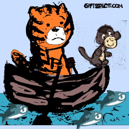 tiger and a monkey in a boat