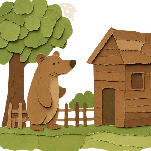 a bear standing near a wooden house