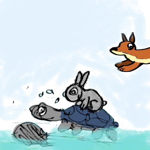 The tortoise carried the rabbit away from the fox.