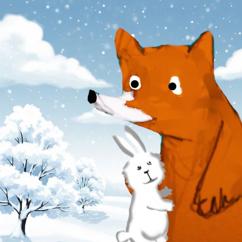 A fox hugging a baby rabbit