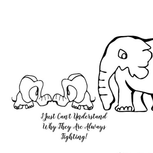 cartoon of two baby elephants are fighting while their mother is looking at them