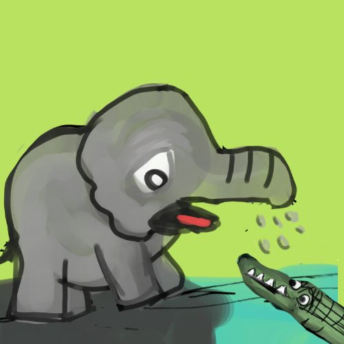 Illustration of a baby elephant blowing water from its trunk while a friendly crocodile greets him from the river.