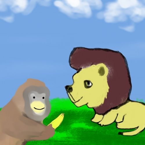 monkey offering a banana to the lion