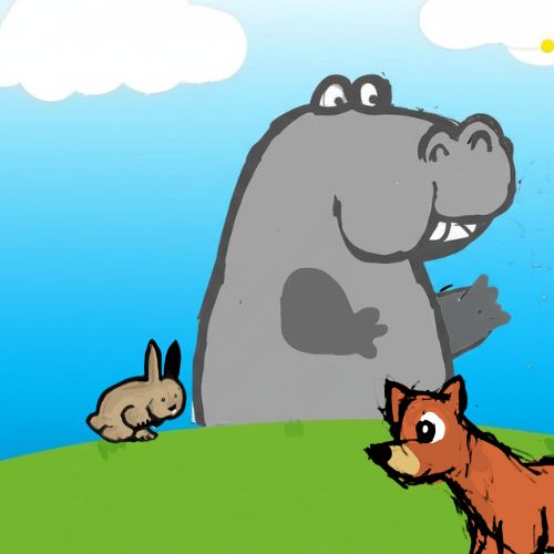 rabbit and the hippo walking. a fox staring the rabbit.
