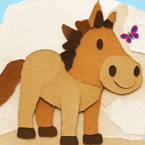 Torn-paper collage of a friendly brown baby horse surrounded by colorful paper butterflies.