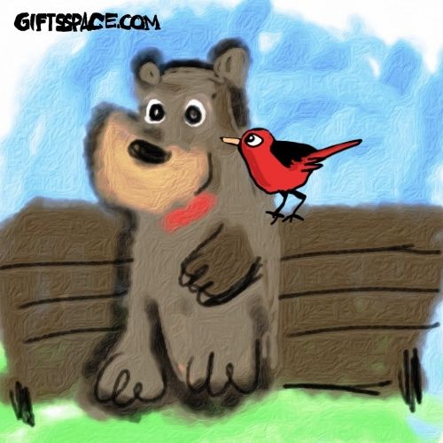 illustration of a bear sitting on park bench listening to the scary tweeted by a red bird