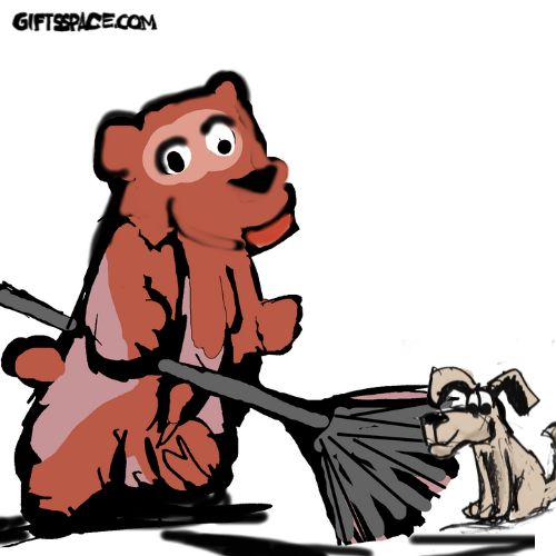 bear with a brom and starteled dog