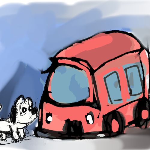 simple digital illustration of a small white-and-black rescue dog looking curiously at a large, rounded red bus against a soft blue background