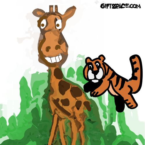 a tiger attacking a giraffe cartoon illustration for children