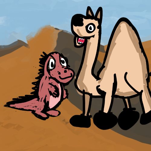 Digital illustration of a tiny pink dinosaur standing next to a goofy, big-footed camel in a warm desert landscape.