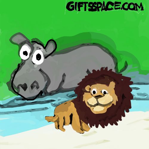 A simple, cartoon-style illustration showing a brown-maned lion crouching on a light bank near the water. Behind him, a large, gray hippo is partially submerged in the blue river,