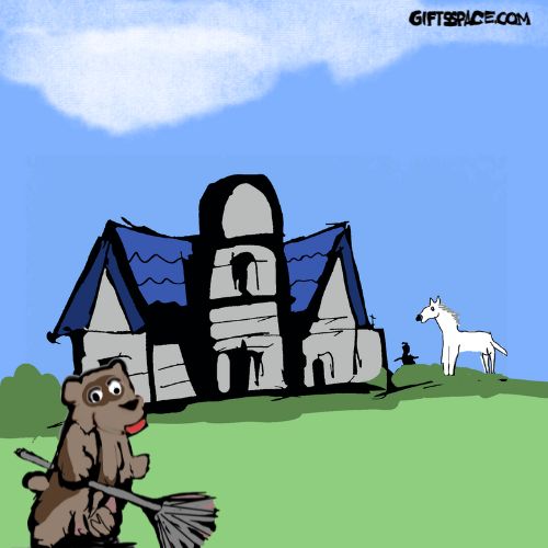 bear holding a broom before a house
