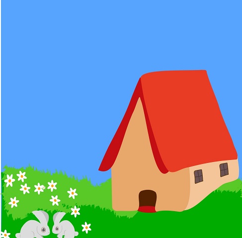 cartoon two rabbits in front of a house