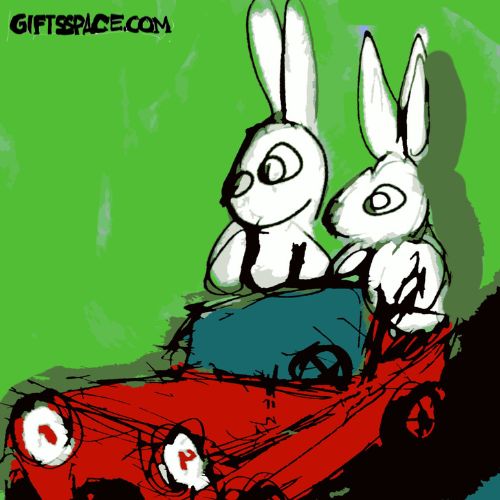two bunnies in a red car