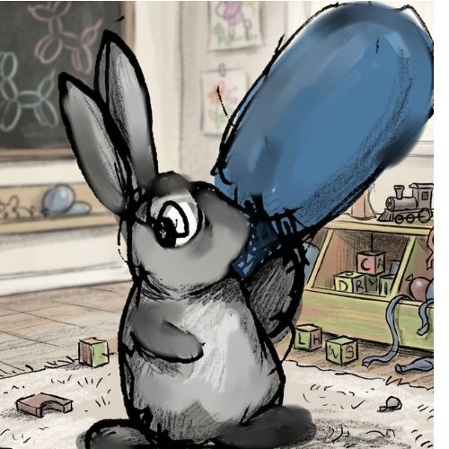 illustration of a Bunny busy inflating giant balloons