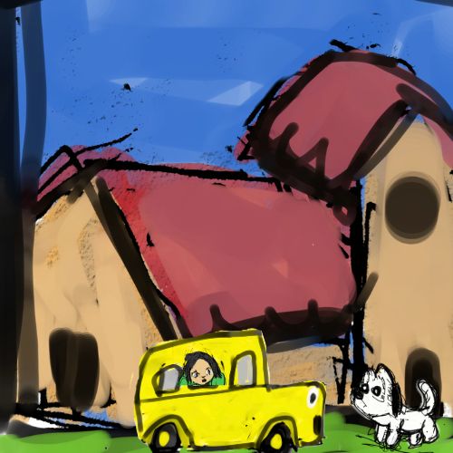 A child-like digital drawing of a yellow school bus parked on green grass next to a small white dog, with a beige house and blue sky in the background.