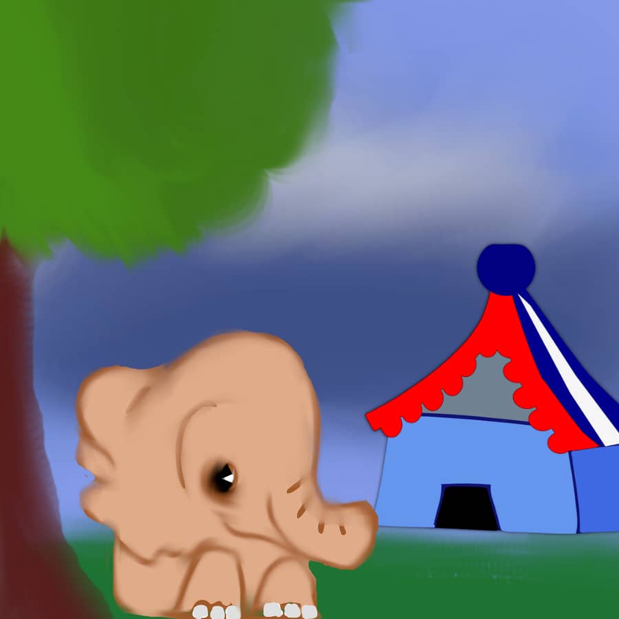 baby circus elephant waiting outside her tent