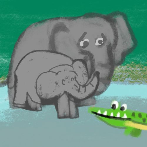 A textured digital illustration of a protective mama elephant and her cheerful baby calf standing near the water