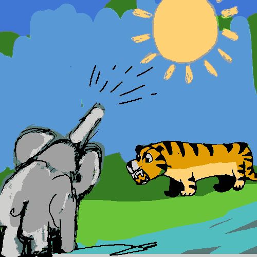 a baby elephant spraying water onto an angry tiger