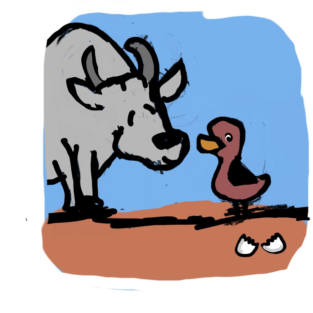 duckling out of the eggshell and a cow looking at it