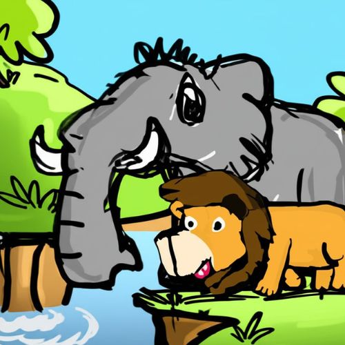 lion and the elephant standing near a waterfall.