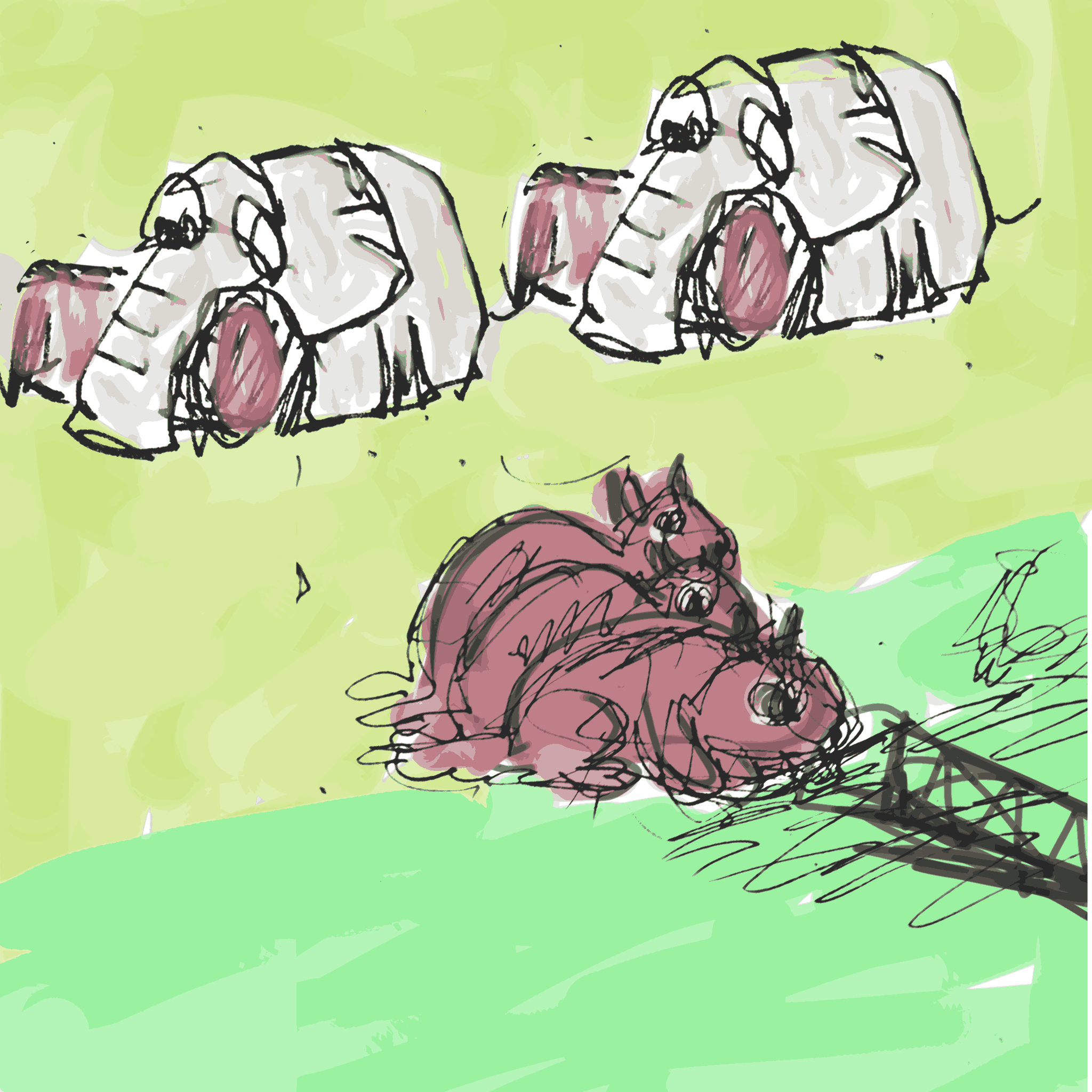**Image Alt Text** A simple sketch showing three pink-tinged beavers gathered near a river
