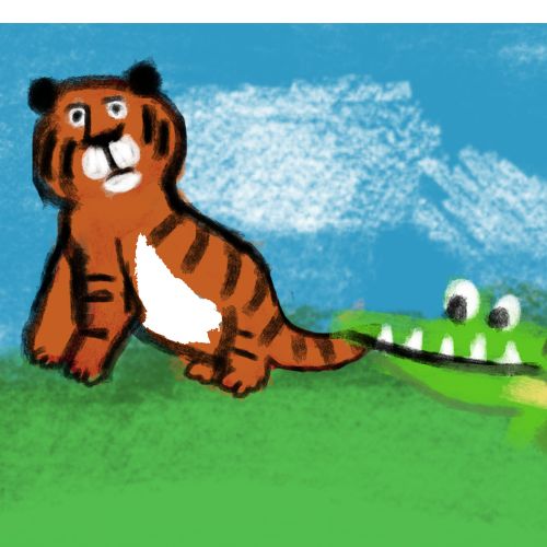 A funny digital illustration of a shocked tiger getting its tail bitten by a cartoon crocodile on a grassy riverbank.