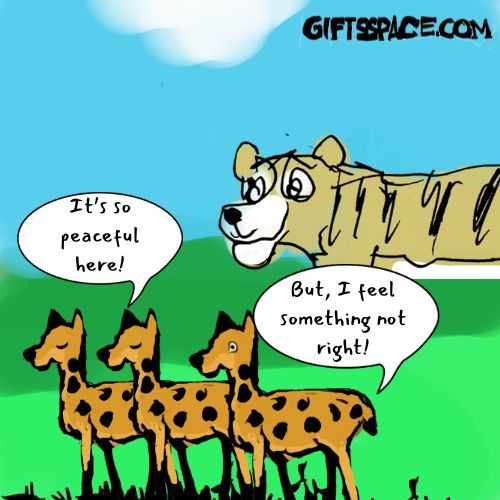 A cartoon drawing showing three spotted deer standing on green grass, with a large, smiling tiger lurking in the background