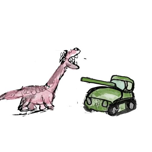 dinosaur and the green tank