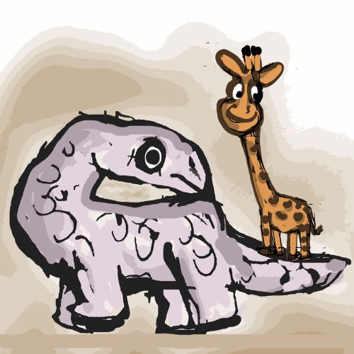 A giraffe standing on a dino