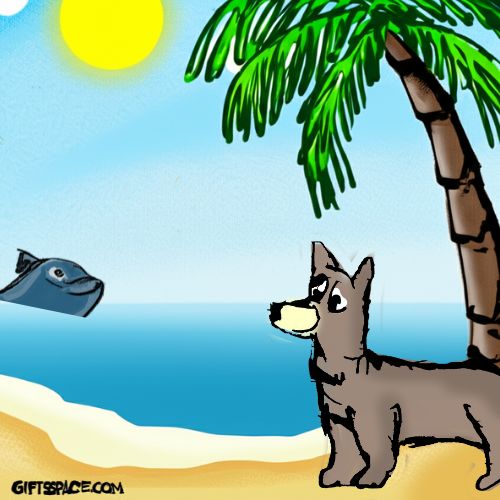 the dog saw the dolphin popping up from the sea