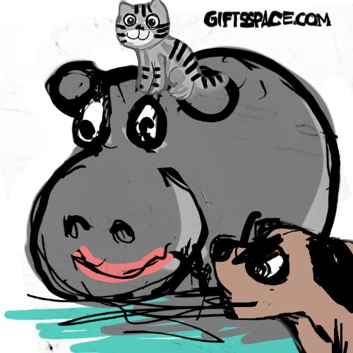 a cat chased by the dog found shelter on a hippo illustration