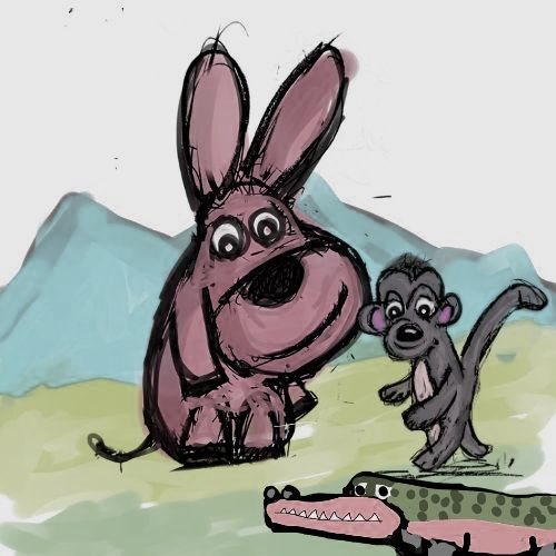 donkey, monkey and the croc in the river