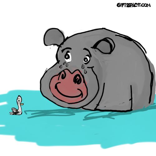 The hippo was sad and crying. The duck asked the hippo why he was crying.