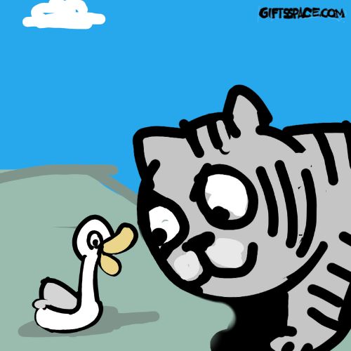 duck talking to the cat who is keenly listening.